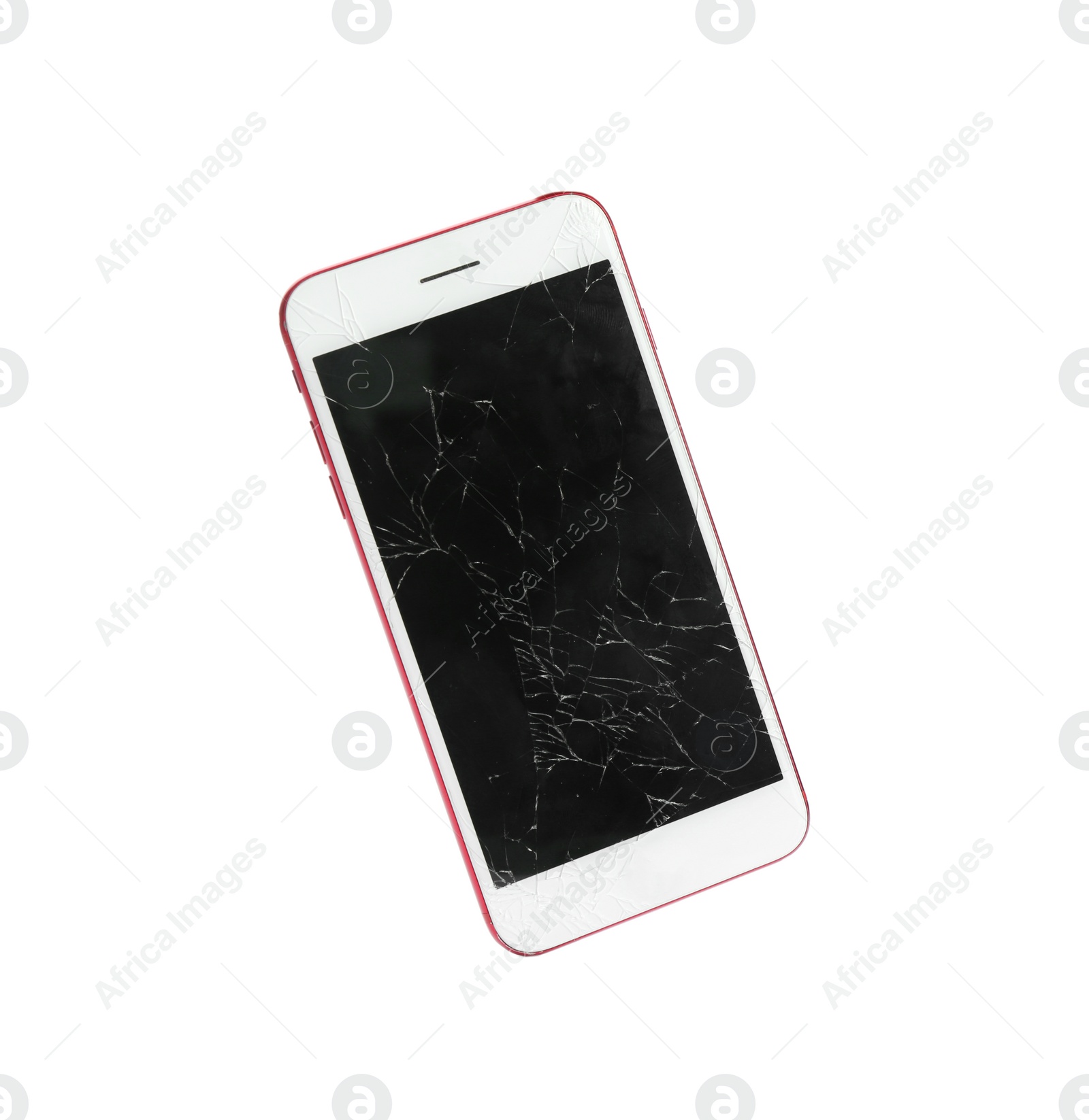 Photo of Modern smartphone with broken display isolated on white. Device repair service