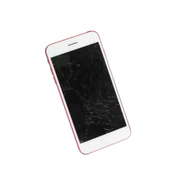 Modern smartphone with broken display isolated on white. Device repair service