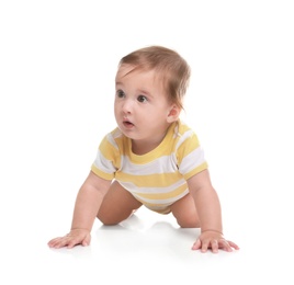 Cute little baby crawling on white background