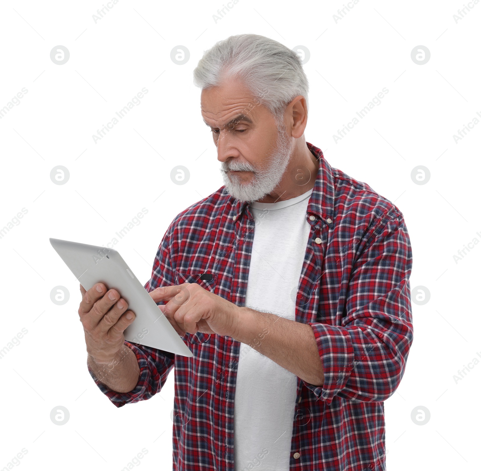 Photo of Senior man using tablet on white background