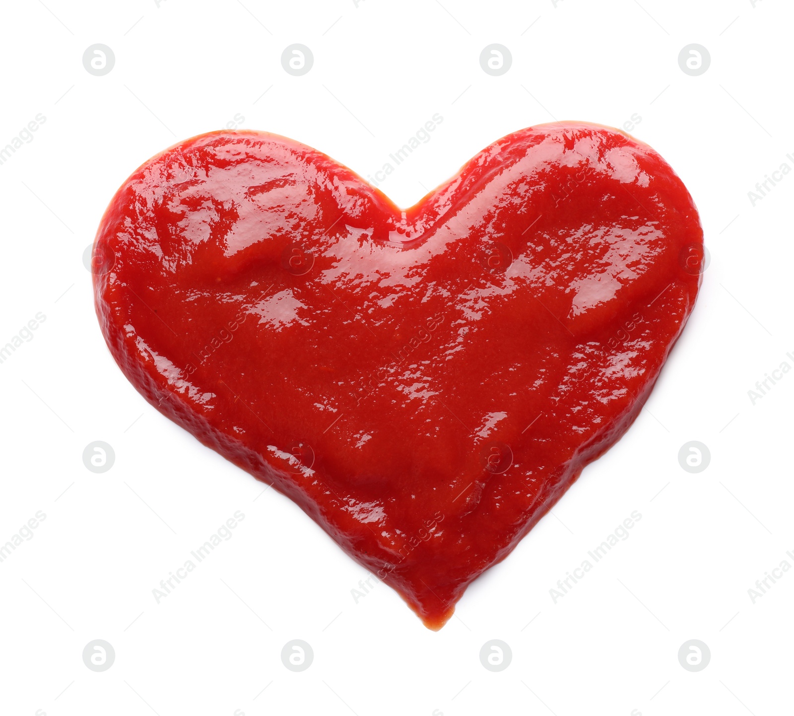 Photo of Heart made of tasty ketchup isolated on white, top view