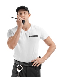 Photo of Male security guard using portable radio transmitter on white background