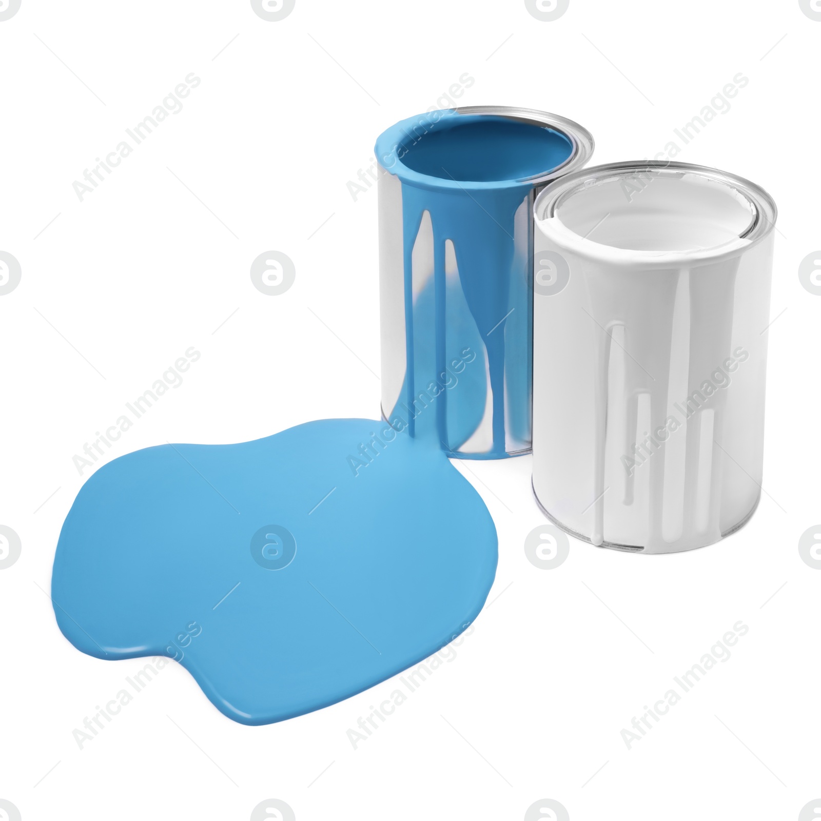 Photo of Spilled light blue paint and cans on white background