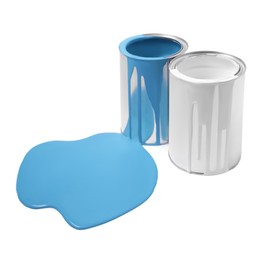 Photo of Spilled light blue paint and cans on white background