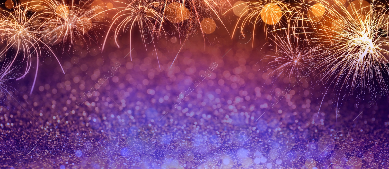 Image of 4th of July - Independence Day of USA. Festive background with fireworks and glitters, bokeh effect