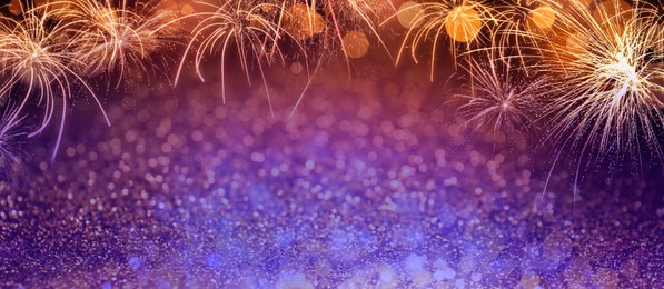 Image of 4th of July - Independence Day of USA. Festive background with fireworks and glitters, bokeh effect