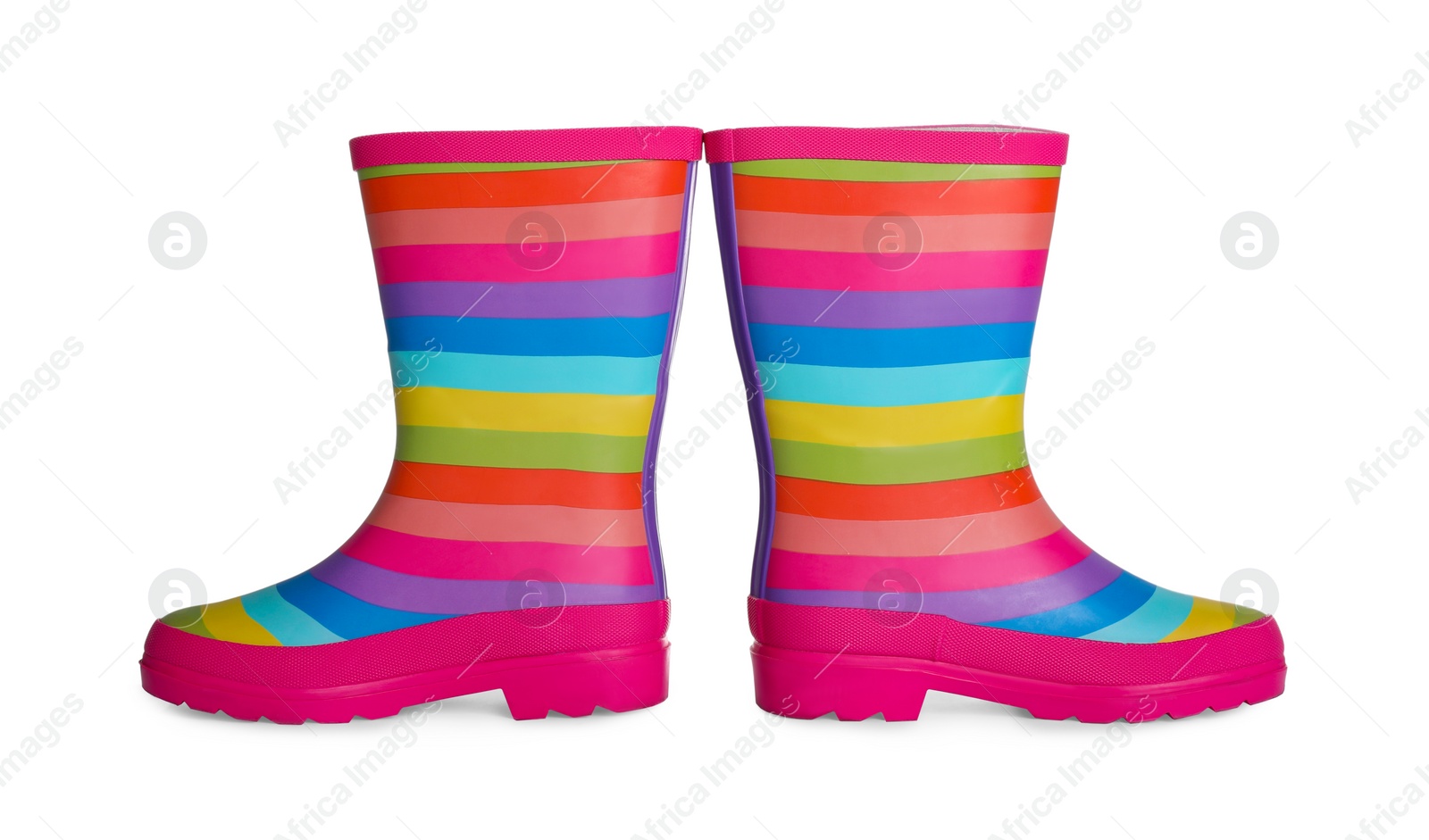 Photo of Modern striped rubber boots isolated on white