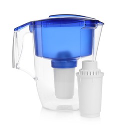 Water filter jug and replacement cartridge on white background