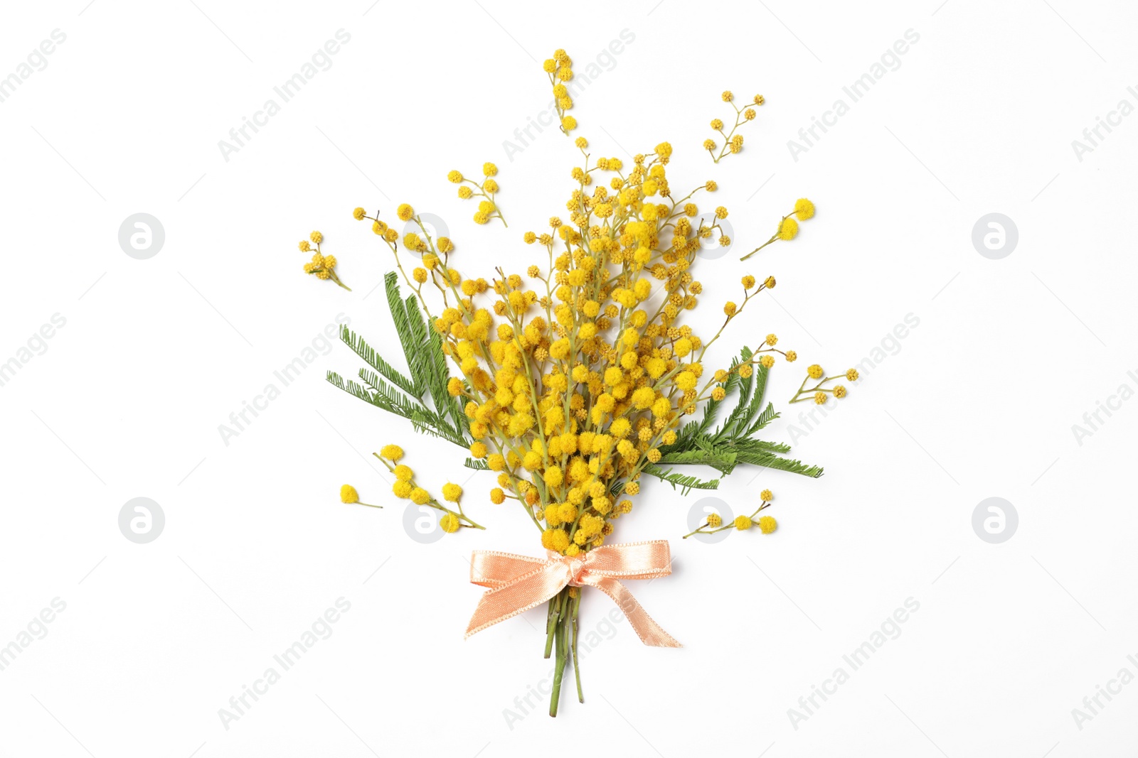 Photo of Bouquet of beautiful mimosa flowers on white background, top view