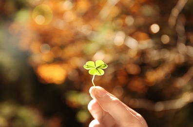 Photo of Woman holding green clover in autumn forest