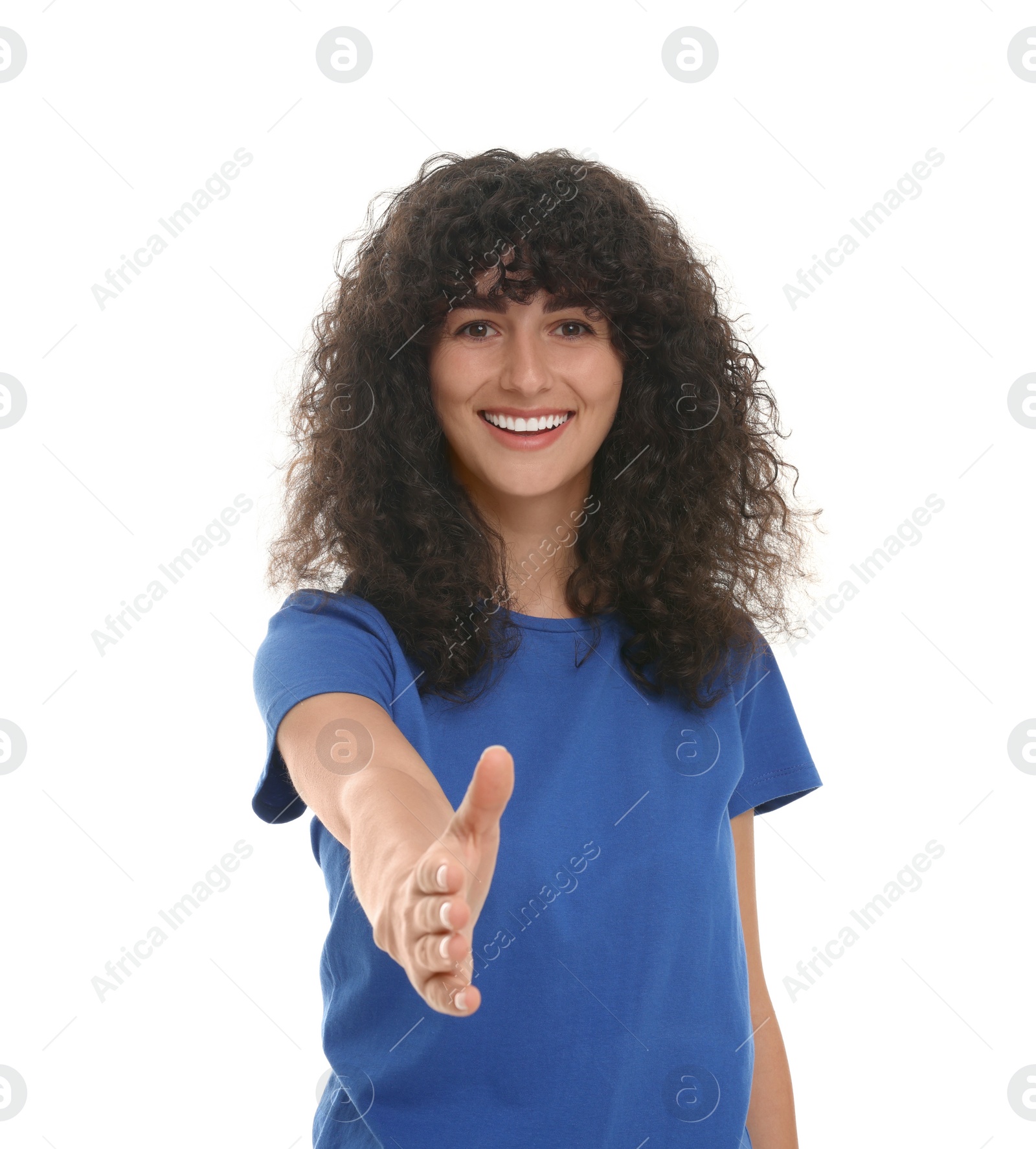 Photo of Happy young woman welcoming and offering handshake isolated on white