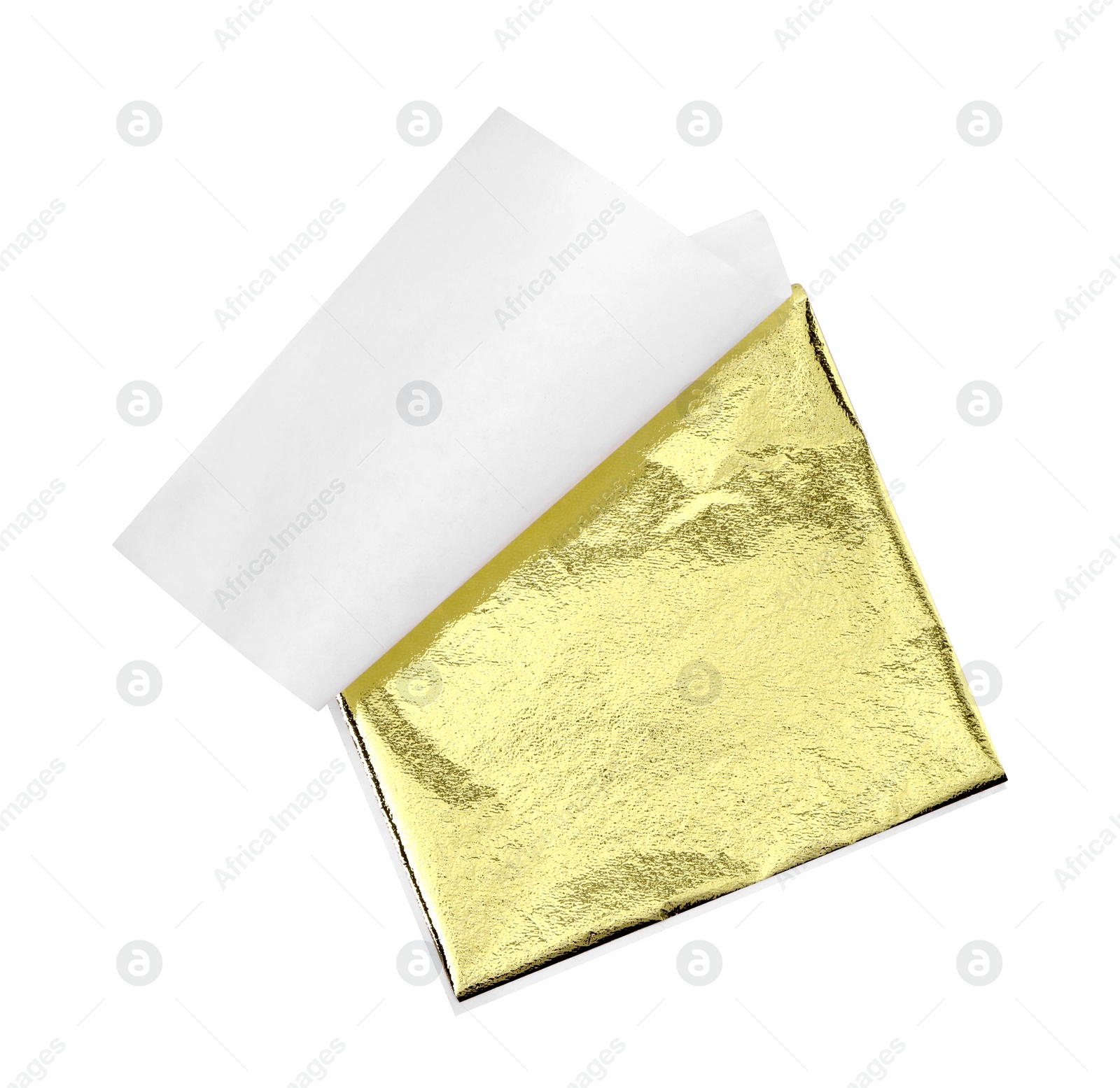 Photo of One edible gold leaf sheet isolated on white, top view