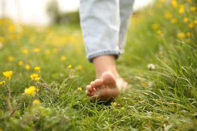 Photo of Woman walking barefoot on green grass outdoors, closeup