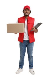 Photo of Happy courier with parcel and clipboard on white background