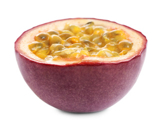 Photo of Half of tasty fresh passion fruit (maracuya) isolated on white