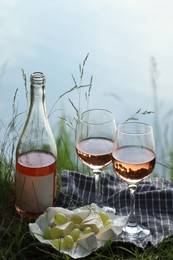 Photo of Delicious rose wine, cheese and grapes on picnic blanket near lake