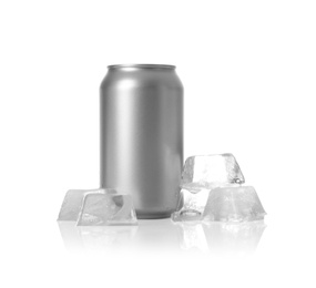 Photo of Tin can and ice cubes on white background