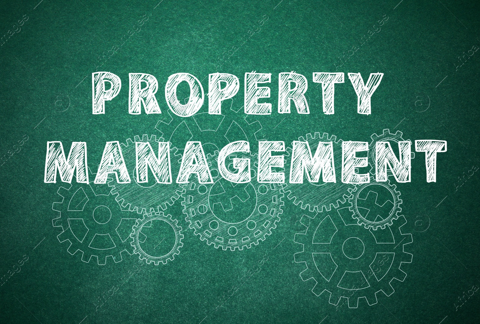 Image of Text Property Management and gear images on green chalkboard