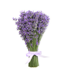 Beautiful bouquet of lavender flowers on white background, top view