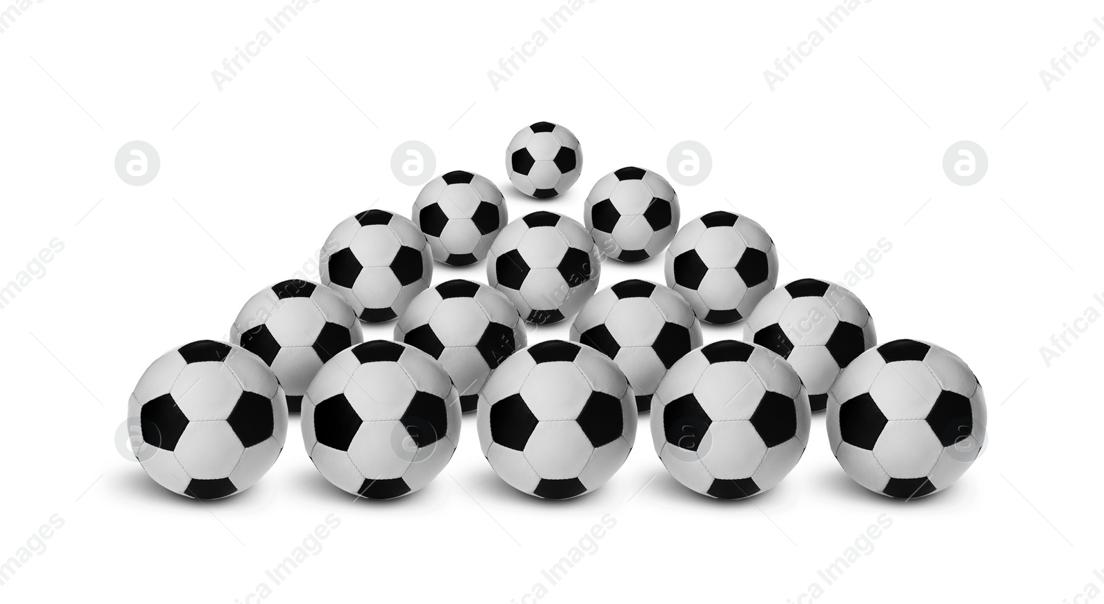 Image of Many new soccer balls on white background. Banner design