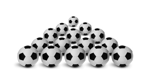 Image of Many new soccer balls on white background. Banner design