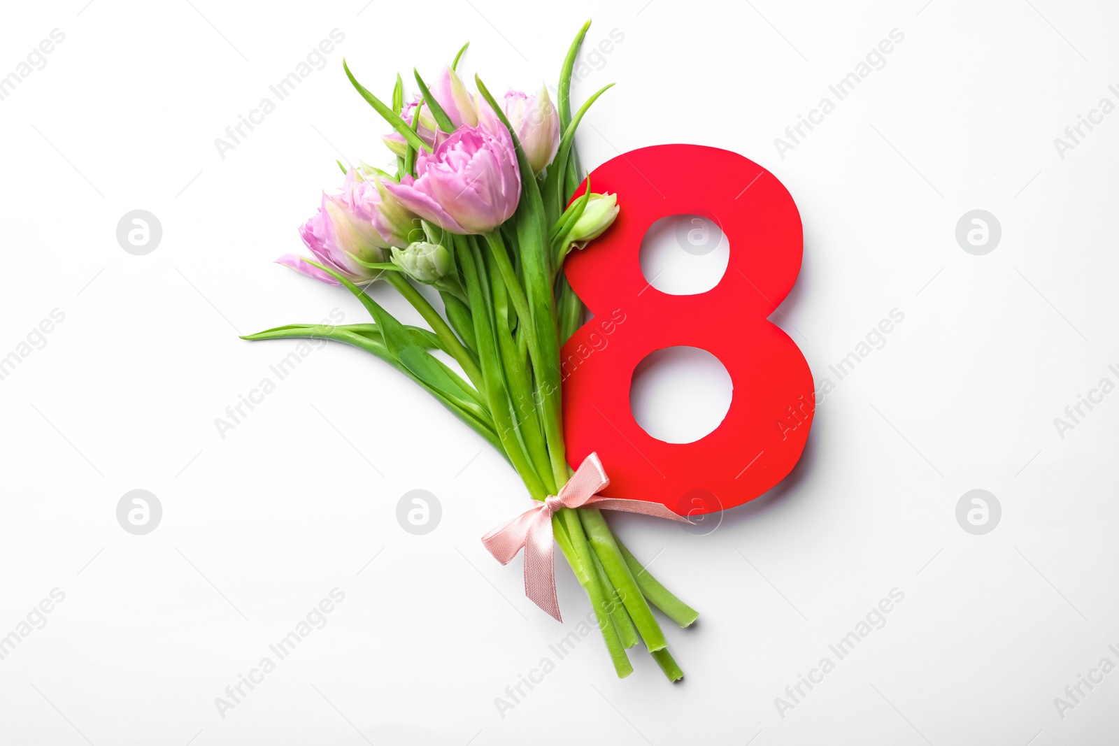 Photo of 8 March greeting card design with tulips on white background, top view
