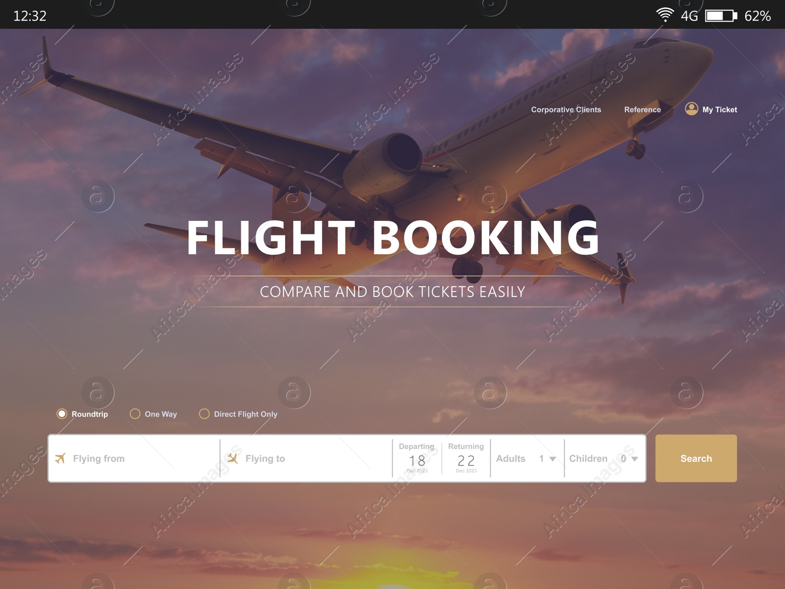 Image of Online flight booking website interface with information