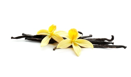 Photo of Aromatic vanilla sticks and flowers on white background