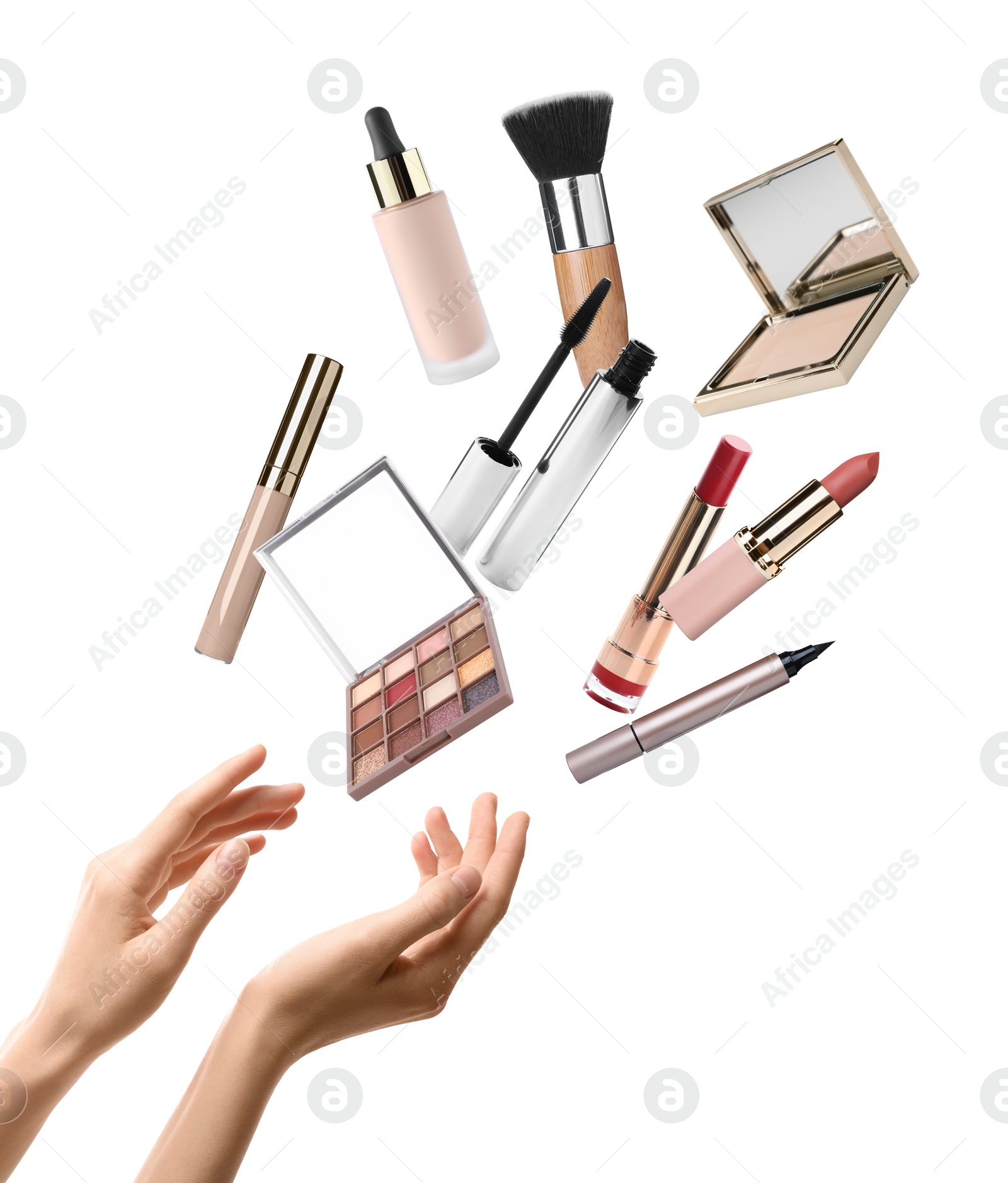 Image of Woman making decorative cosmetics levitate on white background, closeup. Makeup products