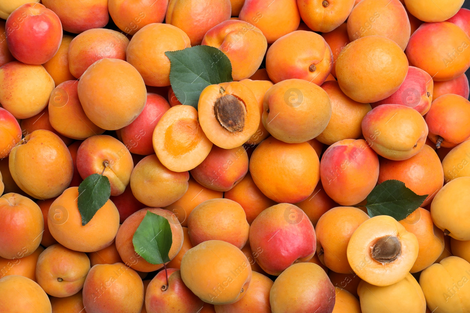 Photo of Delicious fresh ripe apricots as background, top view