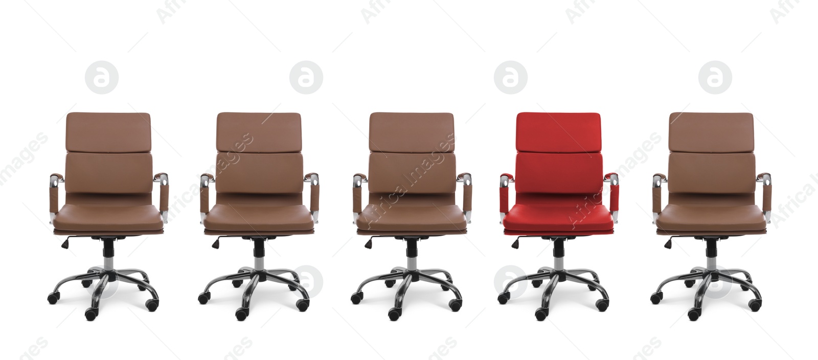 Image of Vacant position. Red office chair among brown ones on white background, banner design