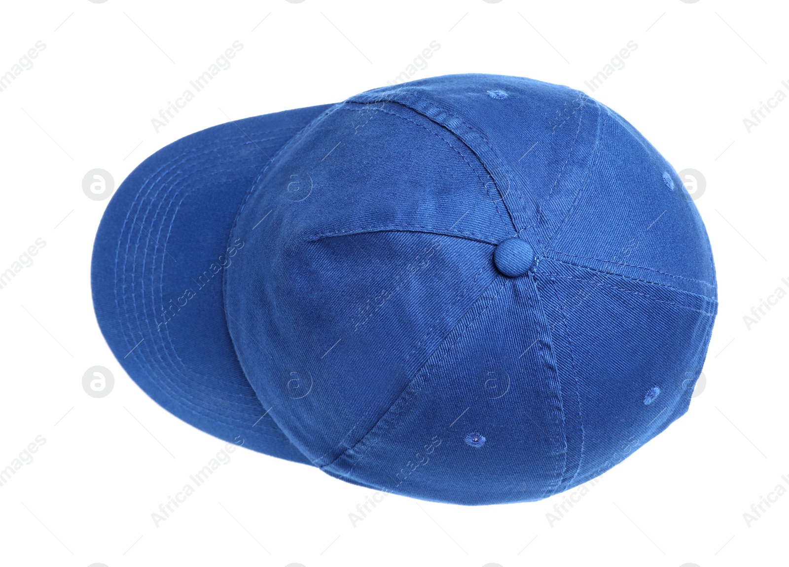 Photo of Stylish light blue baseball cap isolated on white, top view