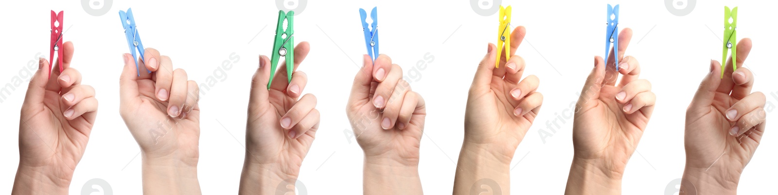 Image of Collage with photos of women holding different bright clothespins on white background, closeup. Banner design