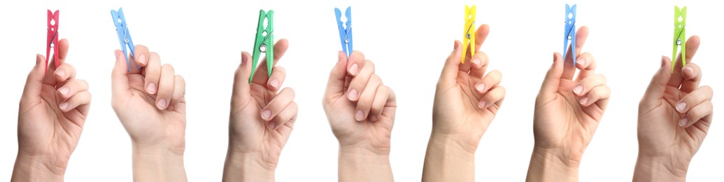 Collage with photos of women holding different bright clothespins on white background, closeup. Banner design