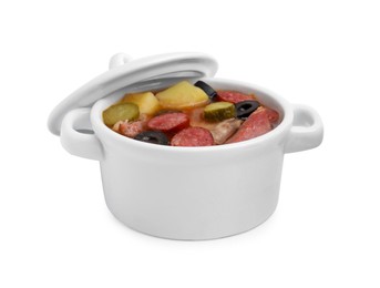 Photo of Meat solyanka soup with thin dry smoked sausages in pot isolated on white