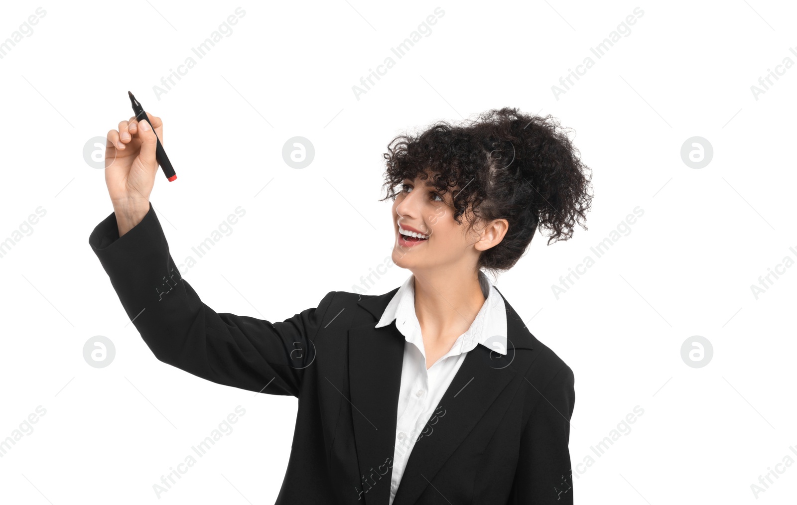 Photo of Beautiful happy businesswoman with marker on white background