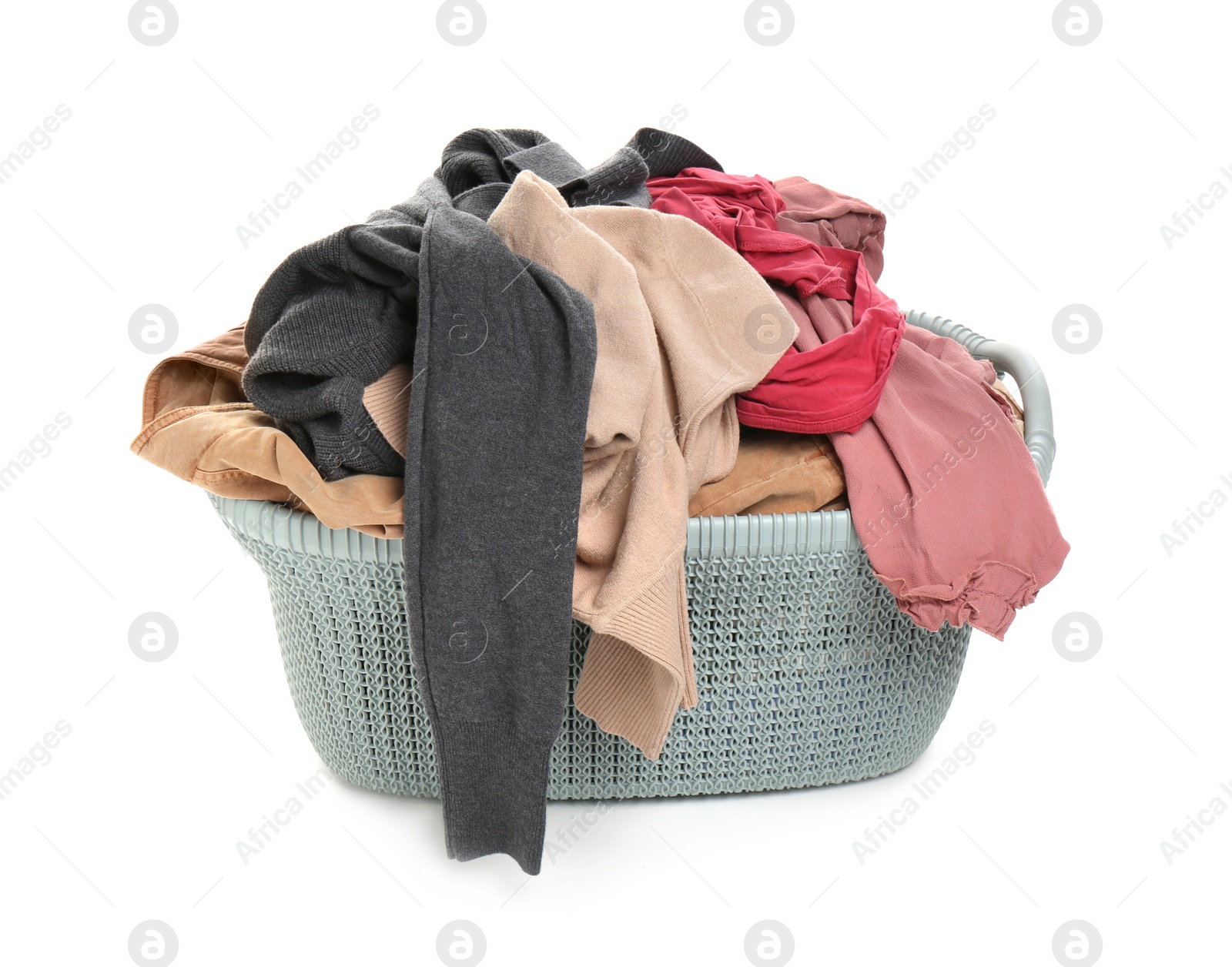 Photo of Plastic laundry basket full of clothes isolated on white