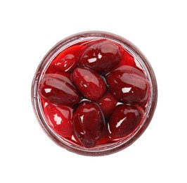 Delicious dogwood jam with berries in glass jar isolated on white, top view