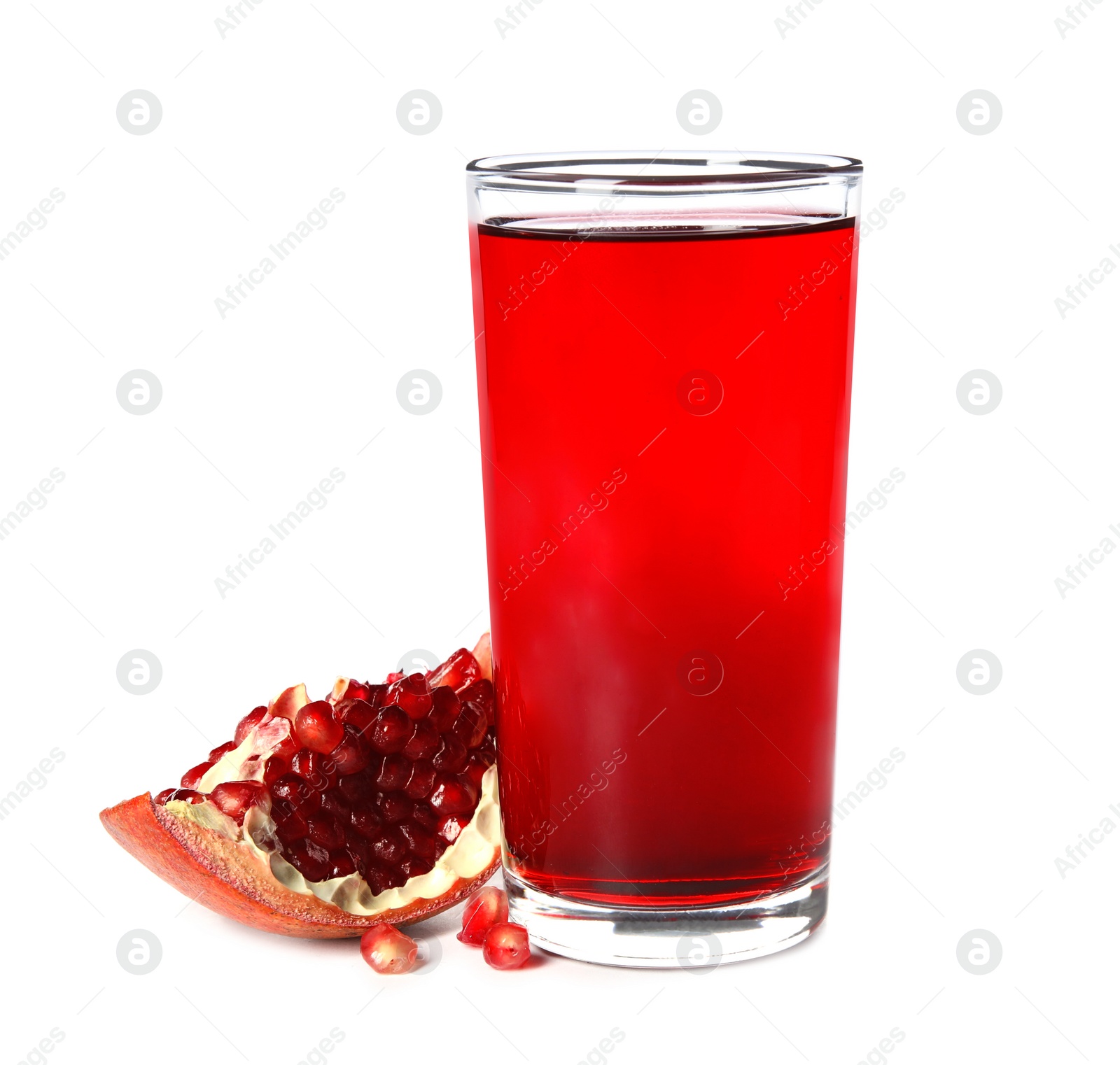 Photo of Freshly made pomegranate juice in glass on white background