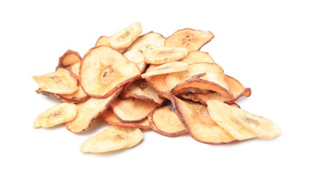 Tasty dried apples and banana on white background