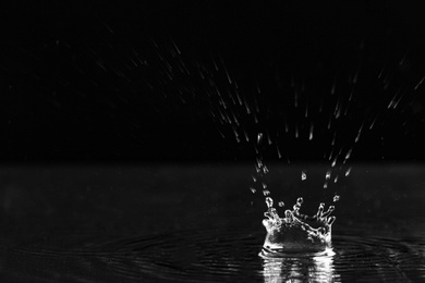 Photo of Rain drop falling down into puddle on dark background, space for text