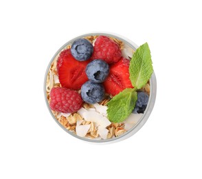 Photo of Tasty oatmeal with berries and mint on white background, top view. Healthy breakfast