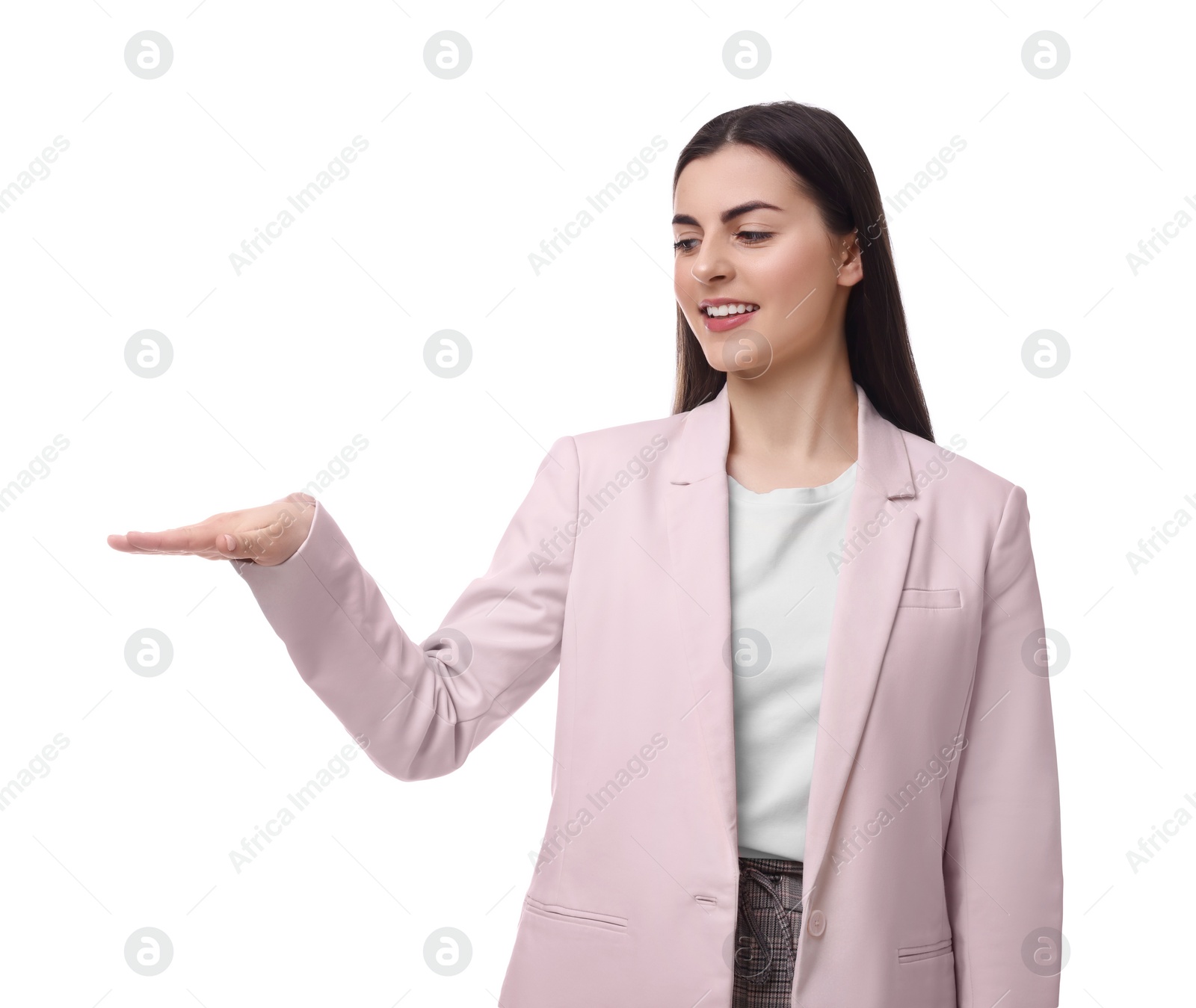 Photo of Beautiful young businesswoman posing on white background