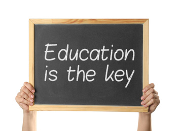 Image of Woman holding blackboard with phrase Education is the key on white background, closeup. Adult learning