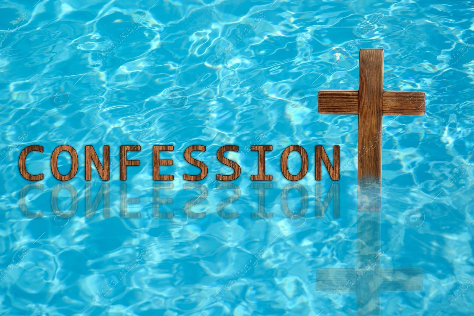 Image of Word Confession near wooden Christian cross in water