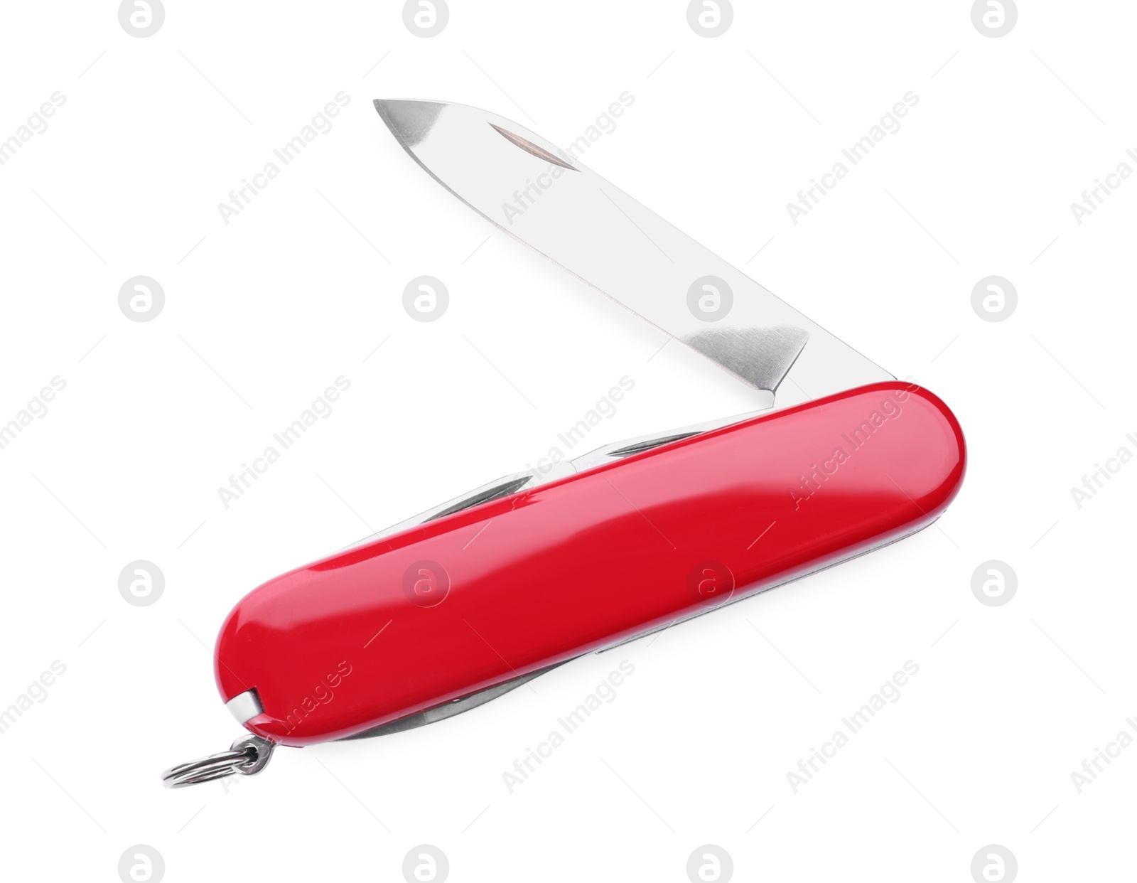 Photo of Compact portable multitool with red handle isolated on white, top view