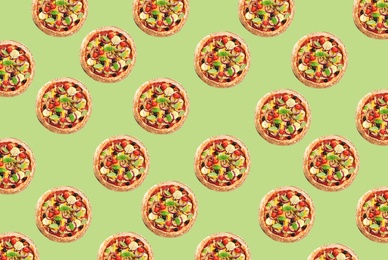 Image of Pizza pattern design on pale green background