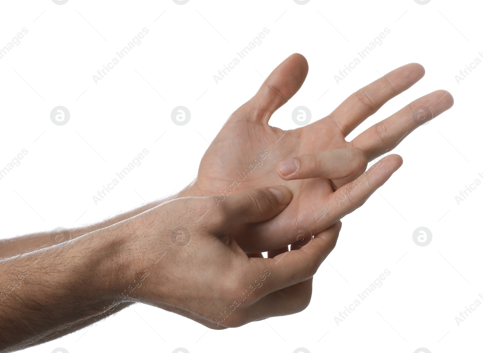 Photo of Man with trigger finger condition on white background, closeup