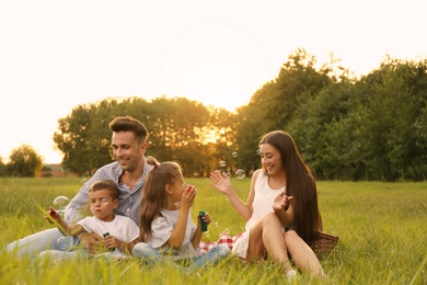 Happy family blowing soap bubbles in park at sunset. Summer picnic