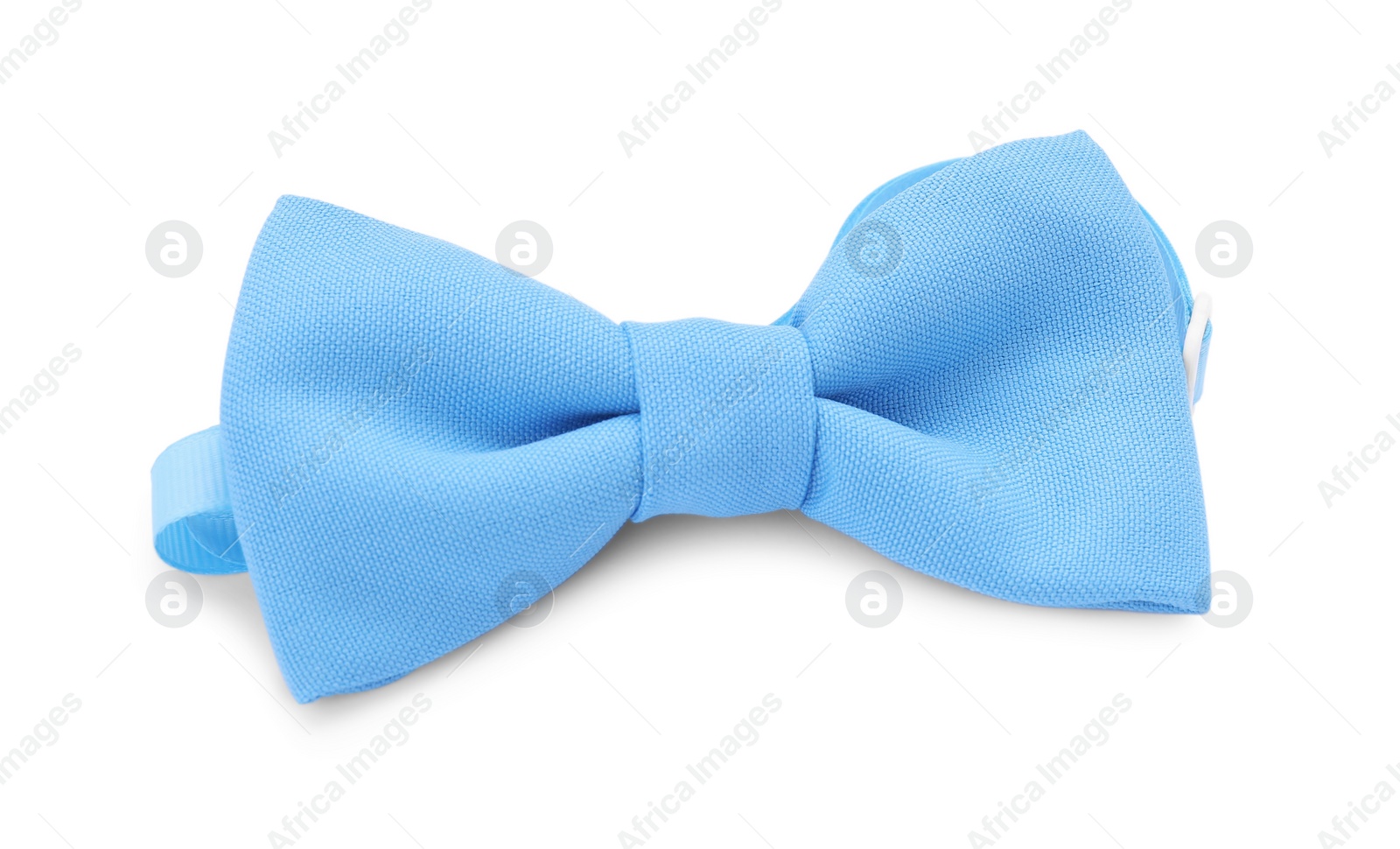 Photo of Stylish light blue bow tie on white background